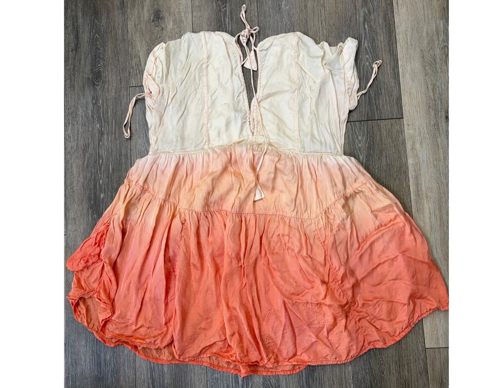 Free People Womens Ombre Mini Dress Peach Pink Boho Tie Sleeve Size S/M